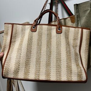 Elegant Tan and Brown Striped Tote Bag